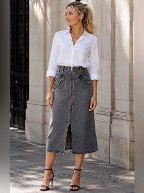 High-Rise Gray Denim Pencil Skirt with Center Zip